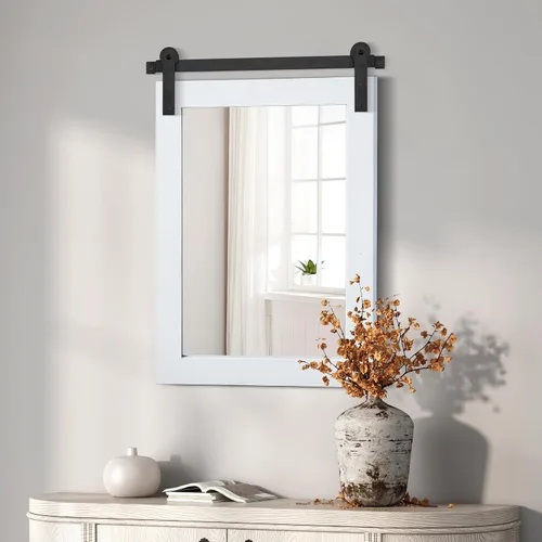 Vista 13 de COGOOD Espejo de puerta de granero de granja, 25 x 18 pulgadas, espejo decrativo con marco de madera rústica para baño, sala de estar, decoración