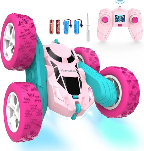 Vista 19 de Hamdol Auto de control remoto para niños, auto de acrobacias RC giratorio de 360°, vehículo eléctrico 4WD de doble cara con luces LED, autos de Azul
