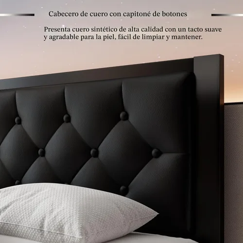 Vista 4 de Feonase Marco de cama de metal tamaño doble con cabecera capitoné de cuero sintético con botones, marco de cama tipo plataforma resistente