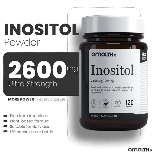 Vista 3 de AMALTH Cápsulas de inositol de 2600 mg Cápsulas de suplemento de inositol Myo Fórmula de polvo de vitamina B8 Equilibrio hormonal y apoyo