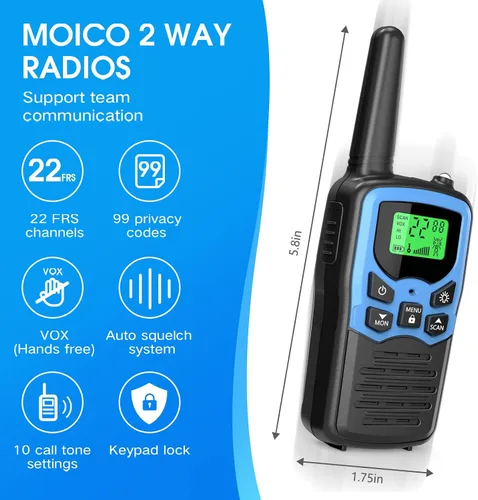 Vista 4 de MOICO Walkie Talkies de largo alcance para adultos con 22 canales FRS, Walkie Talkie familiar con linterna LED, pantalla LCD VOX para senderismo