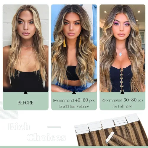 Vista 6 de Rich Choices Extensiones de cabello humano con cinta, 40 unidades, 2.48 onzas, 100% Remy, extensiones de cabello humano real, sin costuras, 12 Rubio