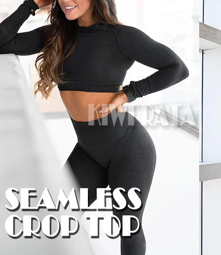 Vista 5 de KIWI RATA Camiseta corta de manga larga sin costuras para mujer para yoga gimnasio con agujero para el pulgar ropa deportiva