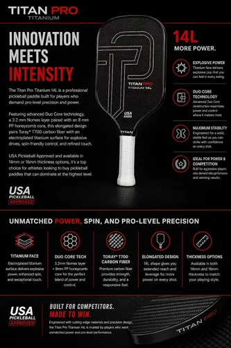 Vista 6 de Pala de pickleball Titan Pro de titanio, aprobada por USA Pickleball, opciones de 14 mm y 16 mm, núcleo revolucionario de Nomex y PP en dos capas