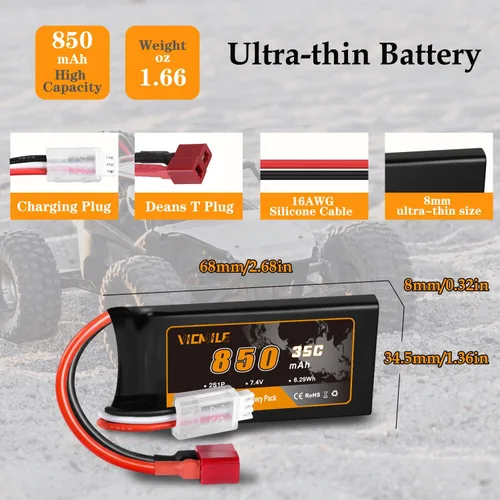 Vista 3 de Batería Lipo de 7.4V Super Thin 2S 850mAh RC Batería con Dean-Style T Plug 35C Alta tasa de descarga recargable Ajuste para DEERC WLtoys HBX Most