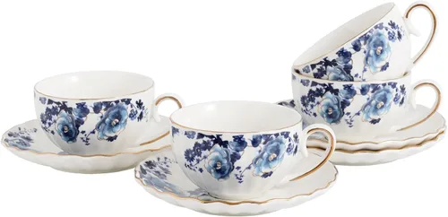 Vista 10 de Agyiuns Taza de té y platillos, tazas de té floral de 6.4 onzas con borde dorado, taza de té de porcelana, tazas de café capuchino espresso con Azul