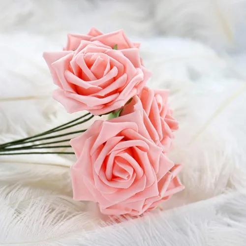 Vista 6 de Flores de rosas artificiales rosas, 56 piezas de espuma con tallo doblable y hojas extraíbles, decoración de rosas de tacto real para bodas, ramos