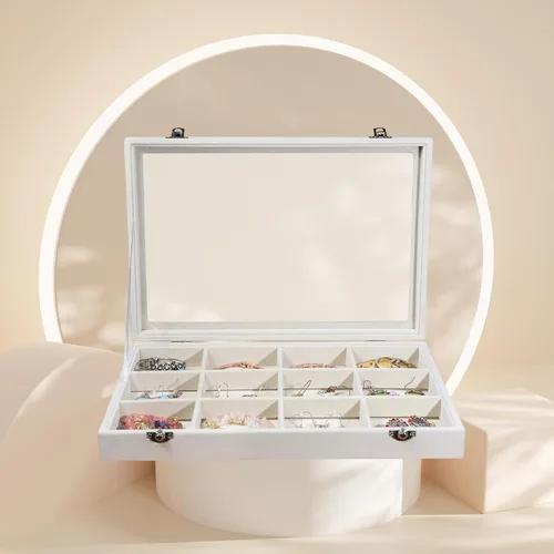 Vista 3 de Stratalife Organizador de joyas, organizador de pulseras, caja de almacenamiento apilable de 12 rejillas con tapa, joyero de terciopelo para cajón
