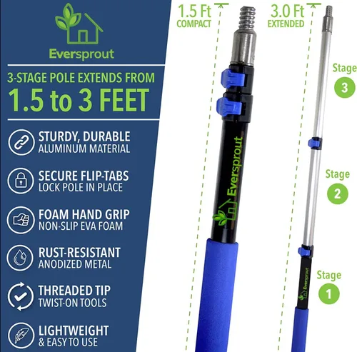 Vista 2 de EVERSPROUT Poste de extensión telescópico de 1.5 a 3 pies Mango de aluminio ligero y resistente Mecanismo de bloqueo con pestaña abatible fácil