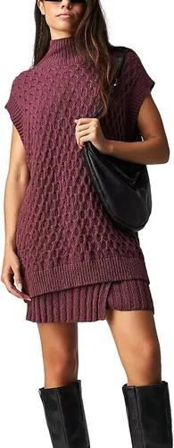 Vista 6 de Muineobuka Conjunto de 2 piezas para mujer, sin mangas, cuello alto, suéter de punto, chaleco sin mangas y minifalda ajustada acanalada dividida