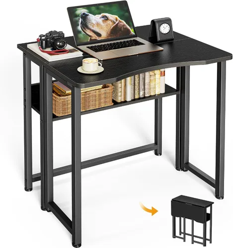 Vista 15 de Huuger Escritorio Plegable con Estante de Almacenamiento, Mesa de Computadora Plegable de 31.5 Pulgadas para Espacios Pequeños, Mesa de Sofá que