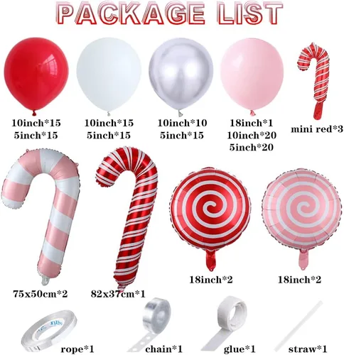 Vista 2 de Kit de arco de guirnalda de globos de Navidad de 140 unidades, globos de bastón de caramelo rojo y rosa, globo de aluminio de piruleta dulce