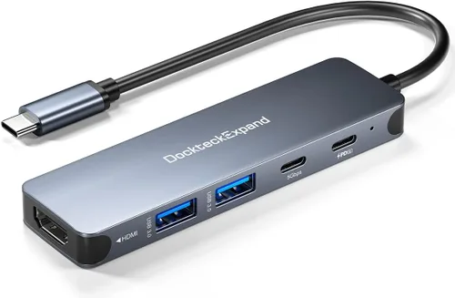Vista 10 de Hub USB C, adaptador multipuerto USB-C DockteckExpand 5 en 1 con HDMI 4K, entrega de energía de 100 W, 3 puertos de datos USB 3.0 para MacBook