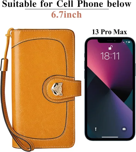 Vista 5 de FOXLOVER Cartera de pulsera de diseño para mujer, de gran capacidad, para mujer, con bloqueo RFID, tarjetero de cuero