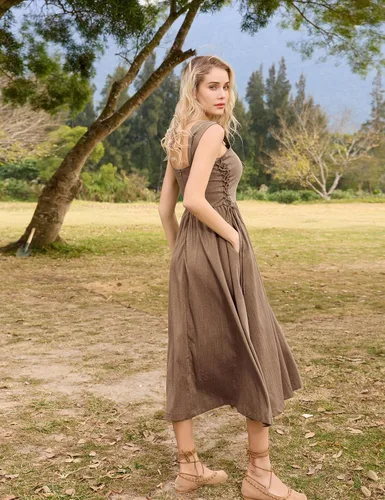 Vista 3 de Scarlet Darkness Vestido midi de verano renacentista para mujer, sin mangas, con cordones