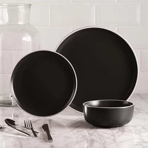 Vista 2 de Safdie & Co. Juego de vajilla cilíndrica de 2 tonos, color negro mate, servicio para 4, vajilla de fiesta, juegos de platos y cuencos, tendencias