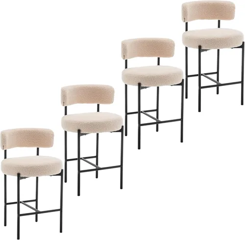 Vista 26 de Cinxzar Taburetes de Bar Boucle Juego de 2, Taburetes de Bar de Altura de Mostrador Beige con Respaldos, Taburetes Modernos para Isla de Cocina
