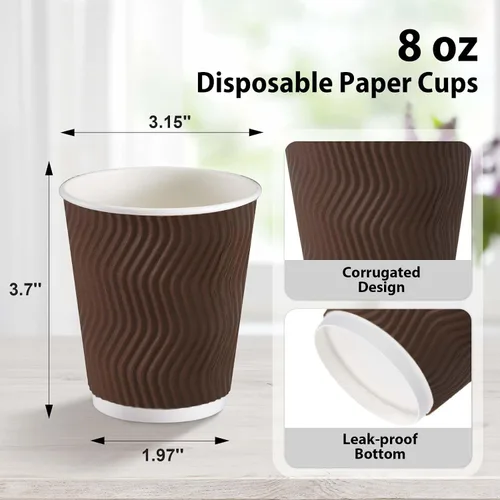 Vista 2 de Clawsoff - Paquete de 150 tazas de café de papel desechables de 8 onzas, aisladas, color marrón Corrugated Ripple Wall Insulates Hands,Hot&Cold
