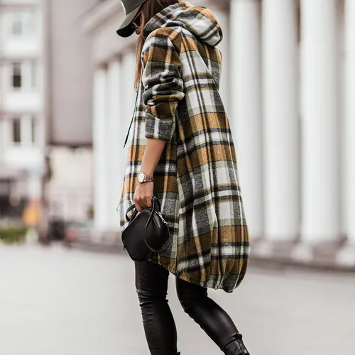Vista 4 de Camisa estampada a cuadros para mujer, con cremallera, manga larga, con capucha, chaqueta irregular