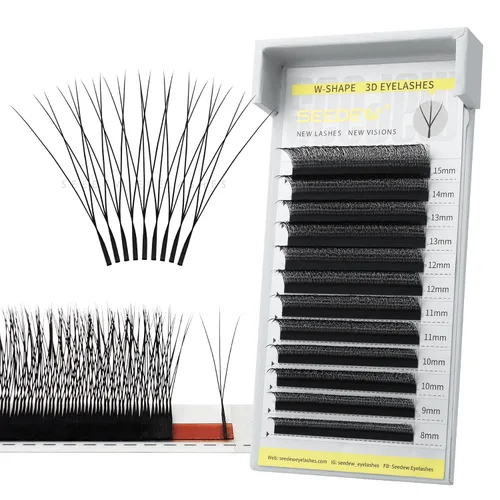 Vista 12 de Extensiones de pestañas 3D, rizo LU/M de 0.003 in, MIX8-0.591 in, 12 filas por bandeja, tallo plano en forma de W, injerto de pestañas natural PBT