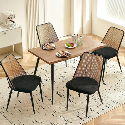 Vista 10 de NORDICANA Dining Table Set for 4, Kitchen Table and 4 Chairs, 5 Pieces Dinette Wood Table with Beige Boucle Chiars, Rattan Backrest