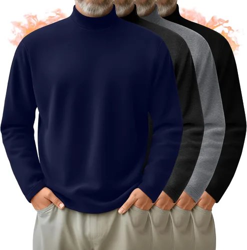 Vista 17 de Paquete de 4 Camisas de Cuello Alto Simulado para Hombre, Suéter Pullover Térmico de Manga Larga, Camiseta Interior Casual de Ajuste Holgado
