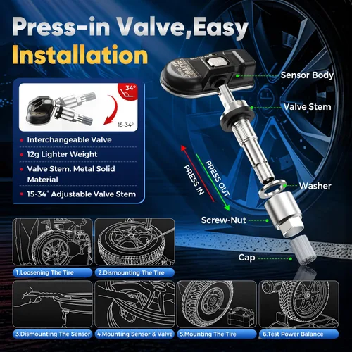 Vista 6 de Autel Juego de 4 Sensores TPMS, MX-Sensor 2 en 1 315MHz + 433MHz de Inserción TPMS Sensor Universal Programable, Nivel OE 100% Clonable por Autel