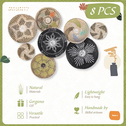 Vista 2 de Ziliny Juego de 8 canastas decorativas de pared bohemias, para colgar, redondas, estilo africano, para decoración de cocina, rústico, hogar, verano
