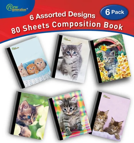 Vista 3 de New Generation – Kitten - Composition Notebooks, 80 Sheets / 160 Pages Wide Ruled pages Comp Book, Durable Laminated covers with Assorted Fashion