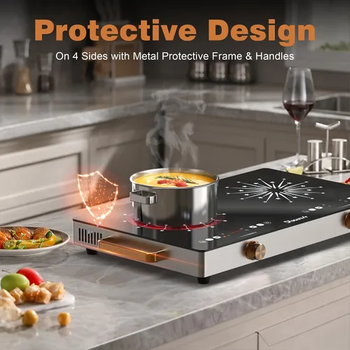 Vista 3 de Placa eléctrica de 2 quemadores con mango de 110 V, 2000 W Shard Power 24 Inch Ceramic Stove Top Countertop Burner, Knob and Touch Control with