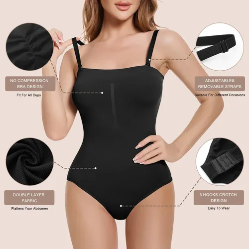 Vista 7 de Ellareese Body moldeador sin tirantes para mujer, tanga moldeador de cuerpo, debajo del vestido, body con control de abdomen, camiseta sin mangas