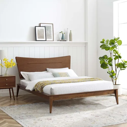 Vista 2 de Marco de cama de plataforma, tamaño King, madera, nogal marrón, contemporáneo moderno, dormitorio principal suite de invitados