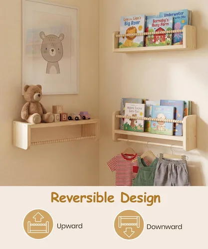 Vista 8 de Juego de 3 estantes para libros de guardería para pared, estantes de madera natural, decoración de pared, pequeño organizador flotante