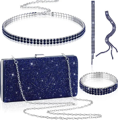 Vista 10 de Kigeli 4 piezas de diamantes de imitación para mujer, bolsa de embrague de noche, collar y pulsera para boda formal