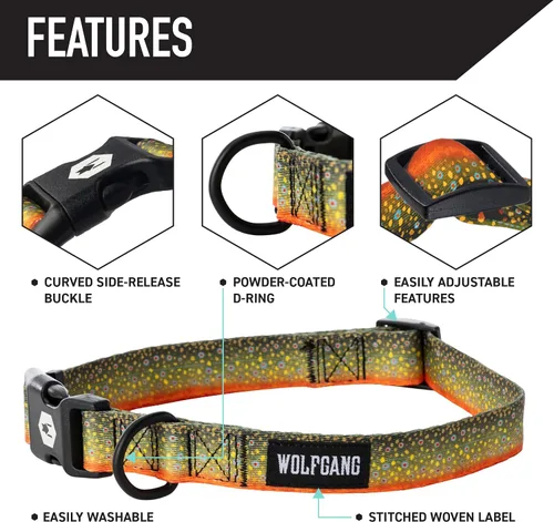 Vista 3 de Wolfgang - Collar de perro resistente y ajustable con hebilla de nailon de liberación rápida para caminar y entrenar, estampado BrookTrout, talla S