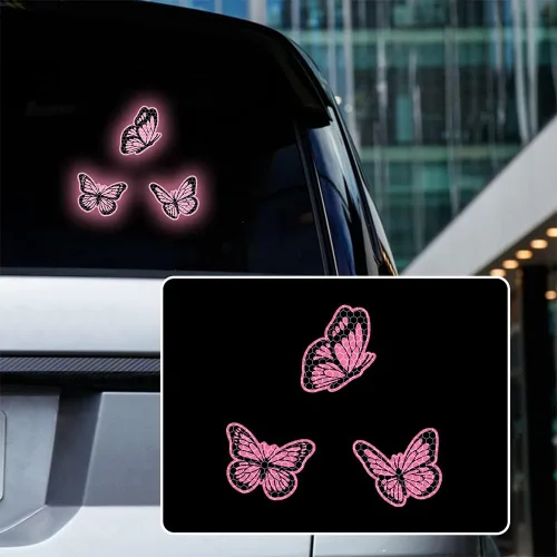 Vista 15 de Juego de 3 calcomanías reflectantes de alta intensidad para automóvil, diseño de mariposa, decoración de coche, impermeable, parachoques de coche