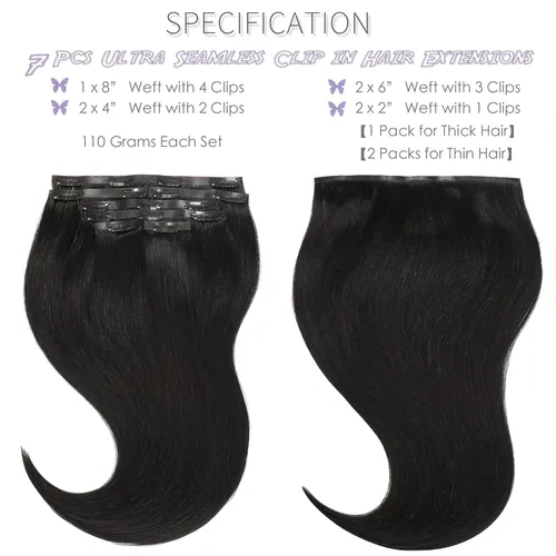 Vista 2 de Lacer Extensiones de cabello humano Remy sin costuras, color negro #1, ultra fino, doble trama de poliuretano, invisible, 7 unidades, 4.33 oz