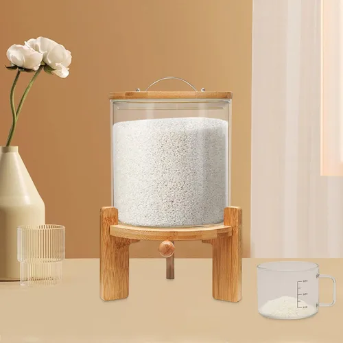 Vista 9 de AngelcityCC Recipiente de harina y cereales, dispensador de arroz de vidrio de 5 litros para organización de cocina y despensa, con tapa hermética