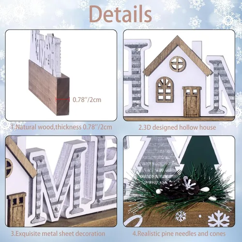 Vista 3 de Bloques de señalización navideña de madera, decoración de mesa con cita para el hogar, señal de bloque de centro de mesa de Navidad con copo