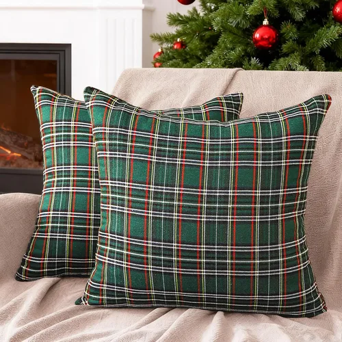 Vista 15 de Juego de 2 fundas de almohada lumbar de Navidad para exteriores de tartán Tartán lumbar marrón