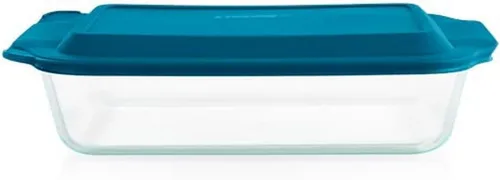 Vista 6 de [Usado] Pyrex Plato para hornear de vidrio profundo con tapa de plástico, cazuela profunda, recipiente de alimentos de vidrio, apto para horno