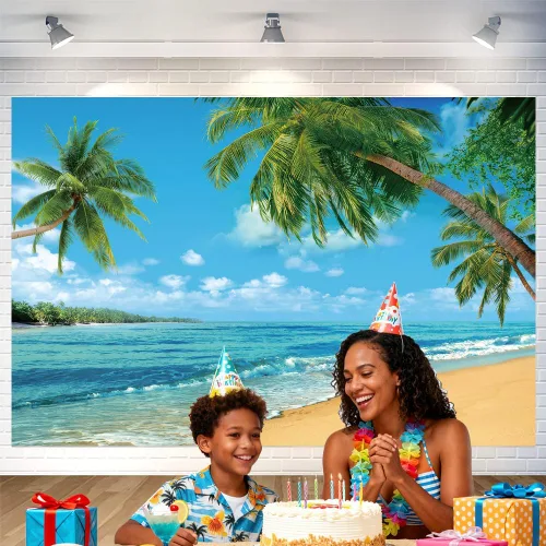 Vista 5 de Fondo de playa Hawaii Ocean Wall Banner de fondo de fotografía junto al mar para el hogar al aire libre, fiesta de cumpleaños, suministros