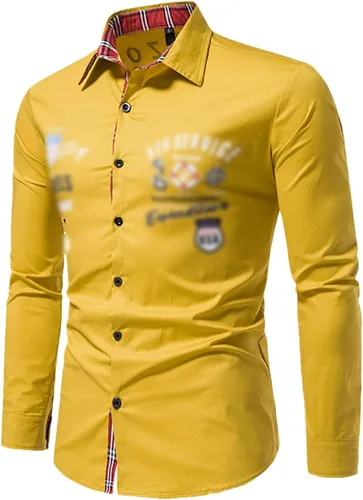 Vista 2 de Camisa vintage para hombre, estilo militar, amarilla, con letra y letra