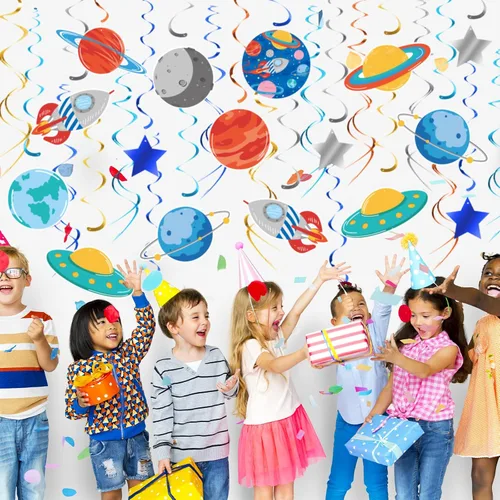 Vista 7 de 30 decoraciones de fiesta espacial, decoraciones de remolinos colgantes del sistema solar, suministros de fiesta del espacio exterior, decoraciones