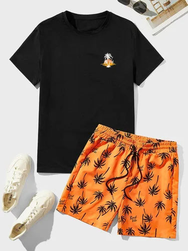 Vista 38 de GORGLITTER Conjunto de 2 piezas de camiseta gráfica de manga corta para hombre, estampado hawaiano con cordón y pantalones cortos