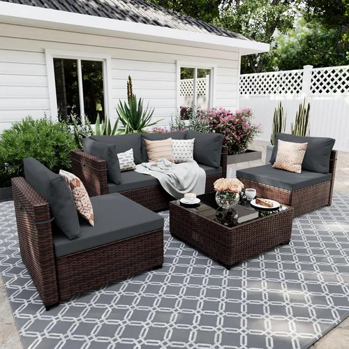 Vista 7 de UPHA Juego de muebles de mimbre para patio de 7 piezas con mesa auxiliar Cojín de ratán beige y beige