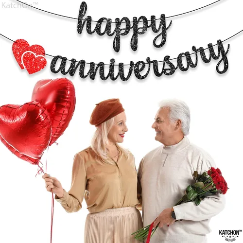 Vista 8 de KatchOn, Cartel de feliz aniversario con purpurina negra, 10 pies, sin bricolaje, decoraciones románticas de feliz aniversario, decoraciones