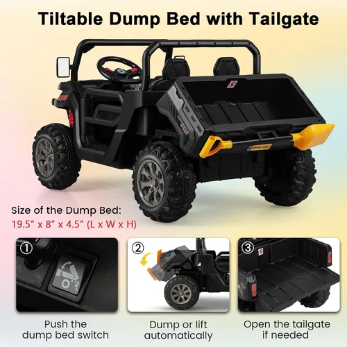 Vista 4 de Costzon Camión volquete con control remoto, UTV eléctrico de 12 V para niños con cama volquete eléctrica, función de balanceo, pala, 4 suspensiones