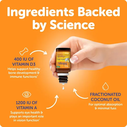 Vista 3 de Ddrops® Vitaminas líquidas orgánicas para bebés A&D gotas para bebés, 60 gotas. Apoya la salud ocular de los bebés, el desarrollo óseo y la función