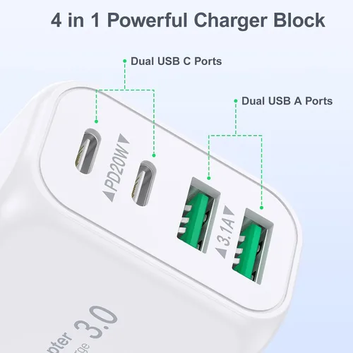 Vista 2 de Cargador de pared USB C, bloque de cargador USB C de 40 W, 4 puertos, bloque de carga rápida, adaptador de alimentación PD+QC tipo C para iPhone